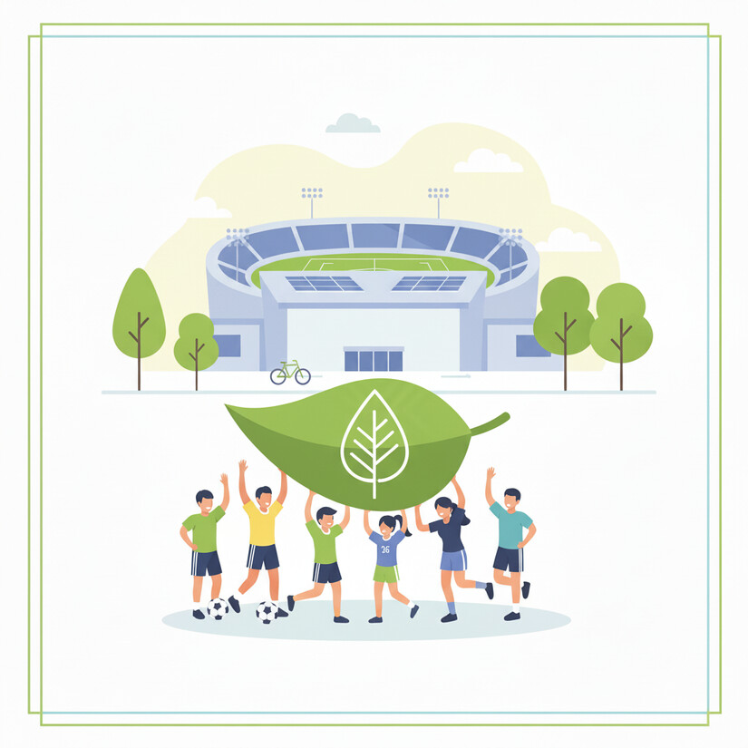 Eine Infografik mit Sportlerinnen, die ein gro&szlig;es gr&uuml;nes Blatt vor einem Stadion hochhalten